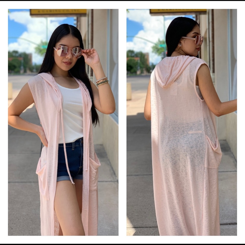 Pink Hooded Sleeveless Long Cardigan NWT